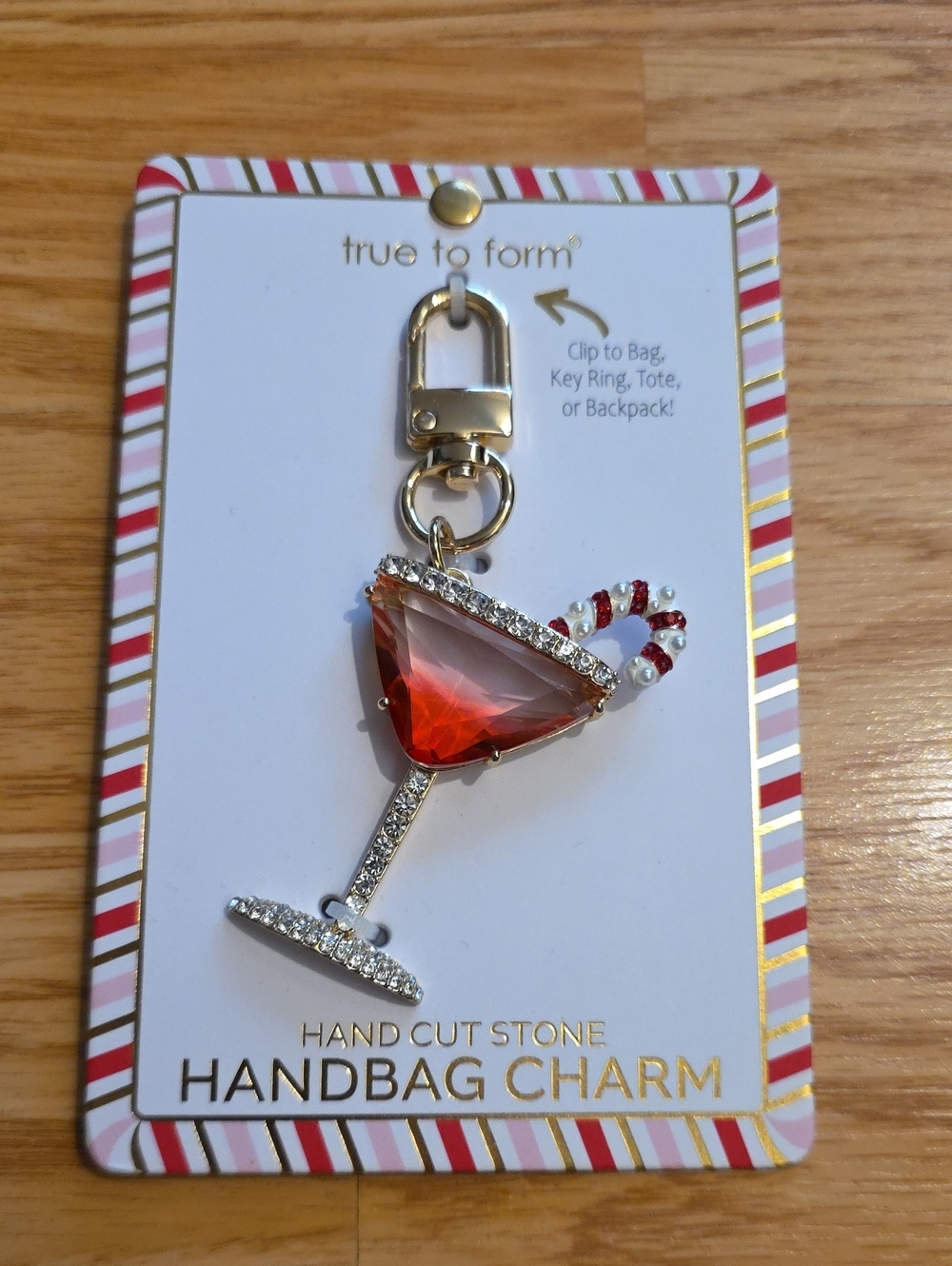True to Form Red Martini Candy Cane Handbag Charm Keychain